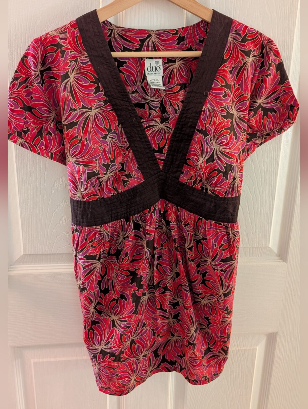 duo Maternity Red and Brown Floral Empire-Waist V-Neck Maternity Tunic NWT Y2K